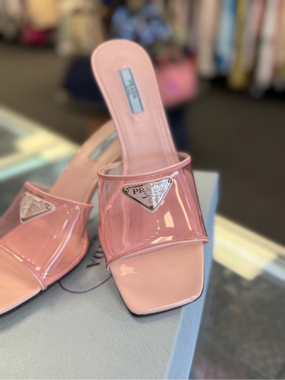 Prada Pink Patent Slide Mules with Triangle Logo - Picture 4 of 8
